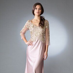 New Sheath Mother Of Bride Gown w/ Sheer Sleeves & Floral Lace Details AC 7039